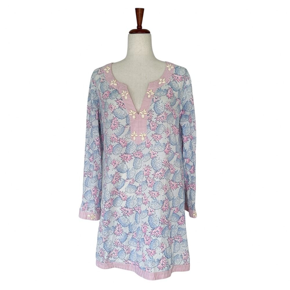 Vineyard Vines Tunic Coverup Size Large Pineapple Blue &‎ White Beads V-Neck